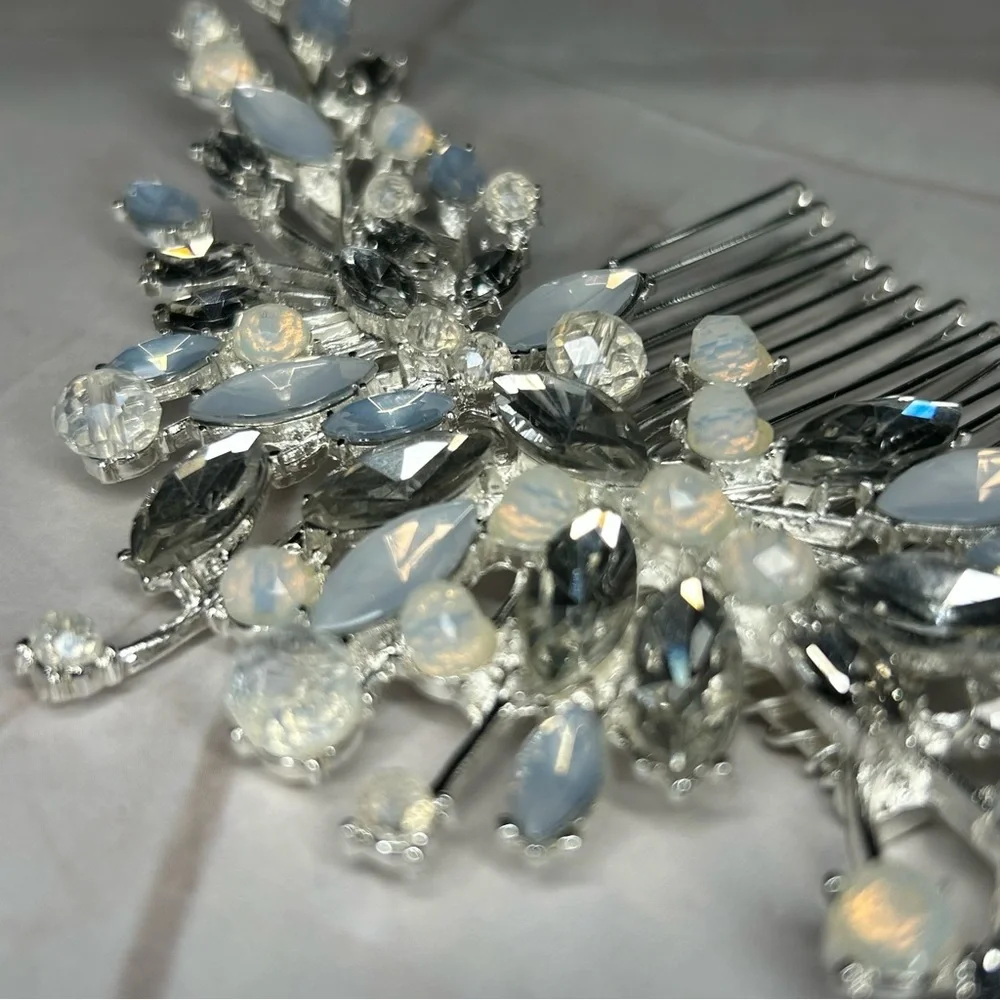 Dazzling Silver Tone Opal and Light Blue Adorned Hair Comb